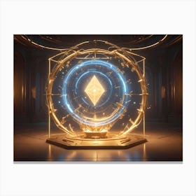 A 3d Rendering Of A Golden Platform With A Glowing Blue Ring, Containing A Diamond Shaped Ethereum Symbol, Set Against A Futuristic, Golden Room With Glowing Lights Canvas Print