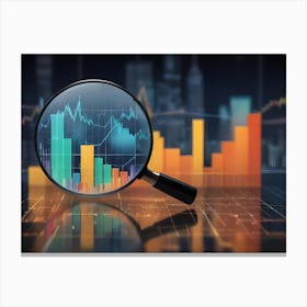 Magnifying Glass Focusing On A Rising Bar Graph, With A City Skyline In The Background, Representing Financial Analysis And Growth Canvas Print