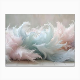 A Soft, Dreamy Image Of Pastel Colored Feathers Arranged In A Delicate And Fluffy Composition On A White Wooden Surface Canvas Print