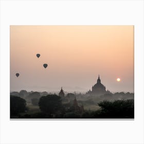 Hot Air Balloons Floating In Myanmar Foggy Sunset Canvas Print