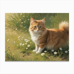 A Painting Of A Ginger Cat Sitting In A Field Of Wildflowers, Canvas Print