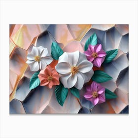 Elegant 3d Marble Texture Seamless Pattern Geometric Polygon Shape With Bright Color Flowers Canvas Print