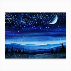 Moon Casting A Silver Glow On The Horizon Myriad Stars Twinkling Above Landscape Silhouette Agains Canvas Print