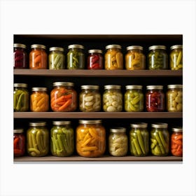 A Pantry Shelf Filled With Mason Jars Of Preserved Vegetables Canvas Print