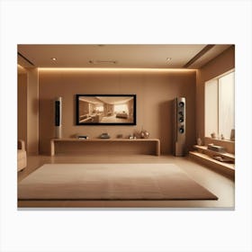 A Living Room With Beige Walls, A Beige Couch, A Coffee Table, A Large Screen Television, And Two Floor Standing Speakers Canvas Print