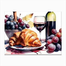 Croissant and Wine watercolor painting 6 Canvas Print