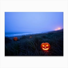 Jack O Lanterns With Eerie Glows Emanating A Soft Light Scattered Along A Desolate Shoreline Early (5) Canvas Print