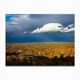 Cumulus Clouds Towering High Above A Serene Autumnal Landscape Sunlight Piercing Through Overcast S (3) Canvas Print