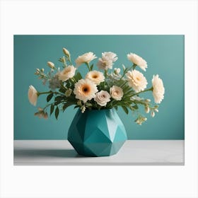 A Bouquet Of White Flowers Arranged In A Blue, Geometric Vase Canvas Print