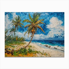 A Painting Of Two Palm Trees On The Beach Canvas Print