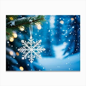 Closeup Of A Single Shiny Snowflake Resting On A Fir Tree Branch White And Blue Hues Dominating The 2 1 Canvas Print