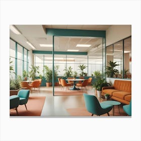 Modern Office Space With Bright Green And Orange Furniture, Large Windows, And Lush Green Plants Throughout Canvas Print