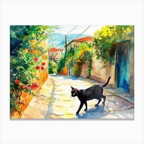 Athens, Greece   Black Cat In Street Art Watercolour Painting 4 Canvas Print