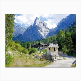 Small Church Near Mountains, Oil Painting Canvas Print