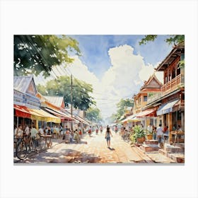 A Young Adventurer Meanders Through The Bustling Streets Of A Summer Town In Thailand Pastel Colore (3) Canvas Print