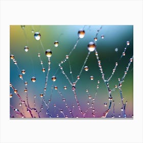 Close Up Image Of Water Droplets On A Spider Web, With A Blurred Background Of Colorful Foliage Canvas Print