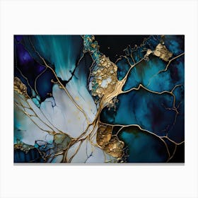 Blue Gold White Alcohol Ink Fluid Art Painting Canvas Print