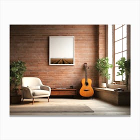 Acoustic Guitar and blank frame in living room 4 Canvas Print