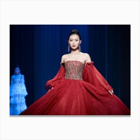 Asian Woman Posing Effortlessly In Haute Couture High Fashion Runway Walk Lavish Fabrics Cascading Canvas Print