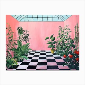Plants Growing In A Minamalist Pink Greenhouse Canvas Print