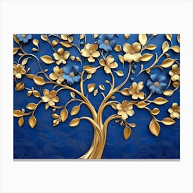 Elegant Gold And Royal Blue Floral Tree With Seamless Leaves Painting Canvas Print