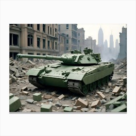 A Military Tank In A Desolate, Destroyed City Setting Canvas Print