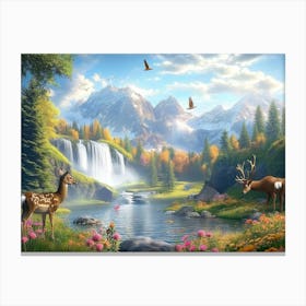 Nature Countryside Valley View Meadow Beautiful Place with Mountains, Deer Animals and Flowers Canvas Print