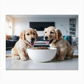 Golden Retriever Puppies eating Canvas Print