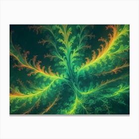 A Vibrant And Abstract Fractal Design Featuring Delicate, Feathery Shapes In Shades Of Green And Orange Against A Dark Background Canvas Print