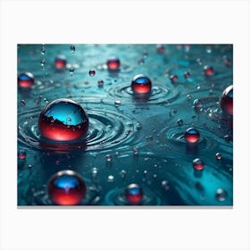 Water Drops Of Varying Sizes, Some With A Red And Blue Reflection, Create Ripples On A Blue Green Surface Canvas Print