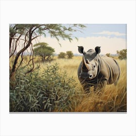 Black Rhinoceros Grazing In The African Savannah Realism 2 Canvas Print