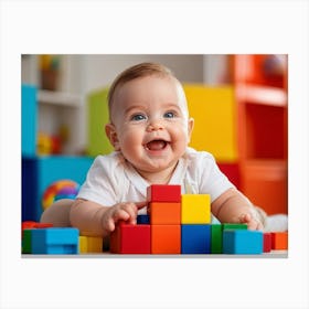 Baby Smiling Engaging With Vibrant Blocks Of Primary Colors Soft Focus Background Enhancing The Ch (5) Canvas Print