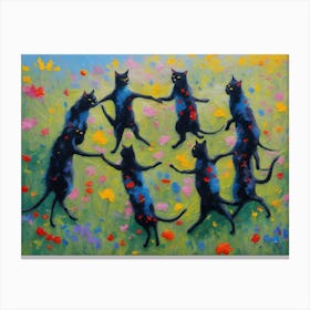 Dancing Black Cats on a Summer's Day - Colorful Flower Fields of Whimsical Black Kitties Dance - Vintage Folk Style Witchy Pagan Cool Painting Funny Humorous Witchcraft Fairytale Cat Lady Gift Birthday Love HD Canvas Print