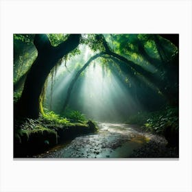 A Winding Path Carved Through An Ancient Forest Lush Greens Enveloping The Trail A Solitary Tree W (6) Canvas Print