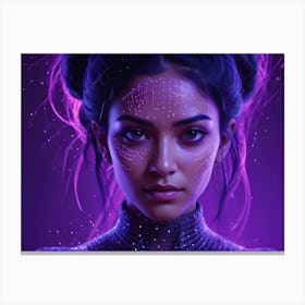 A Portrait Of A Woman With Glowing Purple Lines On Her Face, Creating A Futuristic And Cyberpunk Aesthetic Canvas Print