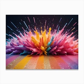 An Abstract Image Of A Colorful Explosion Of Paint Splatters Against A Striped Background Canvas Print