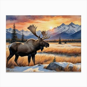 Golden Horizons, Peaceful Skies Moose In The Mountains Canvas Print