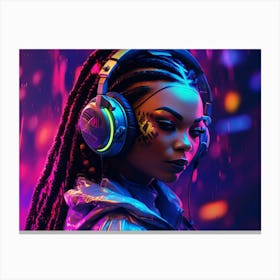 Ebony girl immersed in a neon-lit cyberpunk world, wearing a sleek cyberpunk headset and futuristic gear Canvas Print