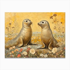 Floral Animal Illustration Harp Seal Canvas Print