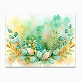 Watercolor Green And Yellow Leaves On Abstract Background Canvas Print