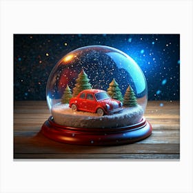 Red Vintage Car In A Snow Globe On A Wooden Table Canvas Print