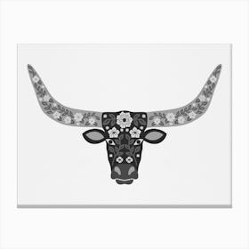 Floral Longhorn   Black And White Canvas Print