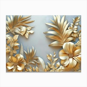 Gold Floral Plants And Palm Leaves Art, 3d Illustration, Grey Background, Abstract Tropical Leaves, Banana 1 Canvas Print