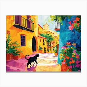 Malaga, Spain   Cat In Street Art Watercolour Painting 2 Canvas Print