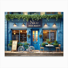 Blue Storefront With A Bicycle And Outdoor Seating Canvas Print