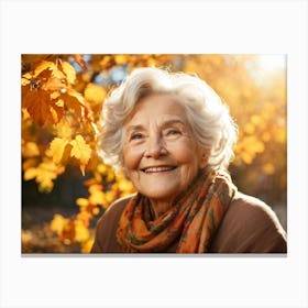 Elderly Woman Radiating Joy Amidst Crisp Autumn Leaves Close Up Orange Yellow Foliage Surrounding (1) Canvas Print