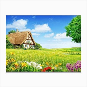 Quaint House Nestled In A Meadow Awash With Vibrant Summer Blooms Foreground Focused Detailed That Canvas Print