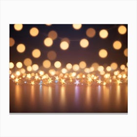 A Strand Of Twinkling Star Shaped Christmas Lights Lies On A Wooden Surface, With A Blurred Background Of Golden Circles Canvas Print