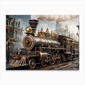 Steampunk Locomotive Featuring Brass And Copper Pipes Valves And Cogs Billowing Tendrils Of Steam Canvas Print