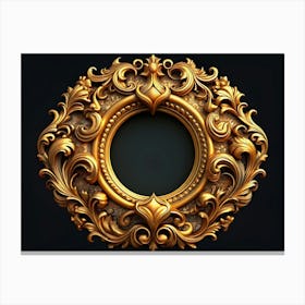 A Round Golden Ornate Frame With Swirls And Leaves On A Black Background Canvas Print